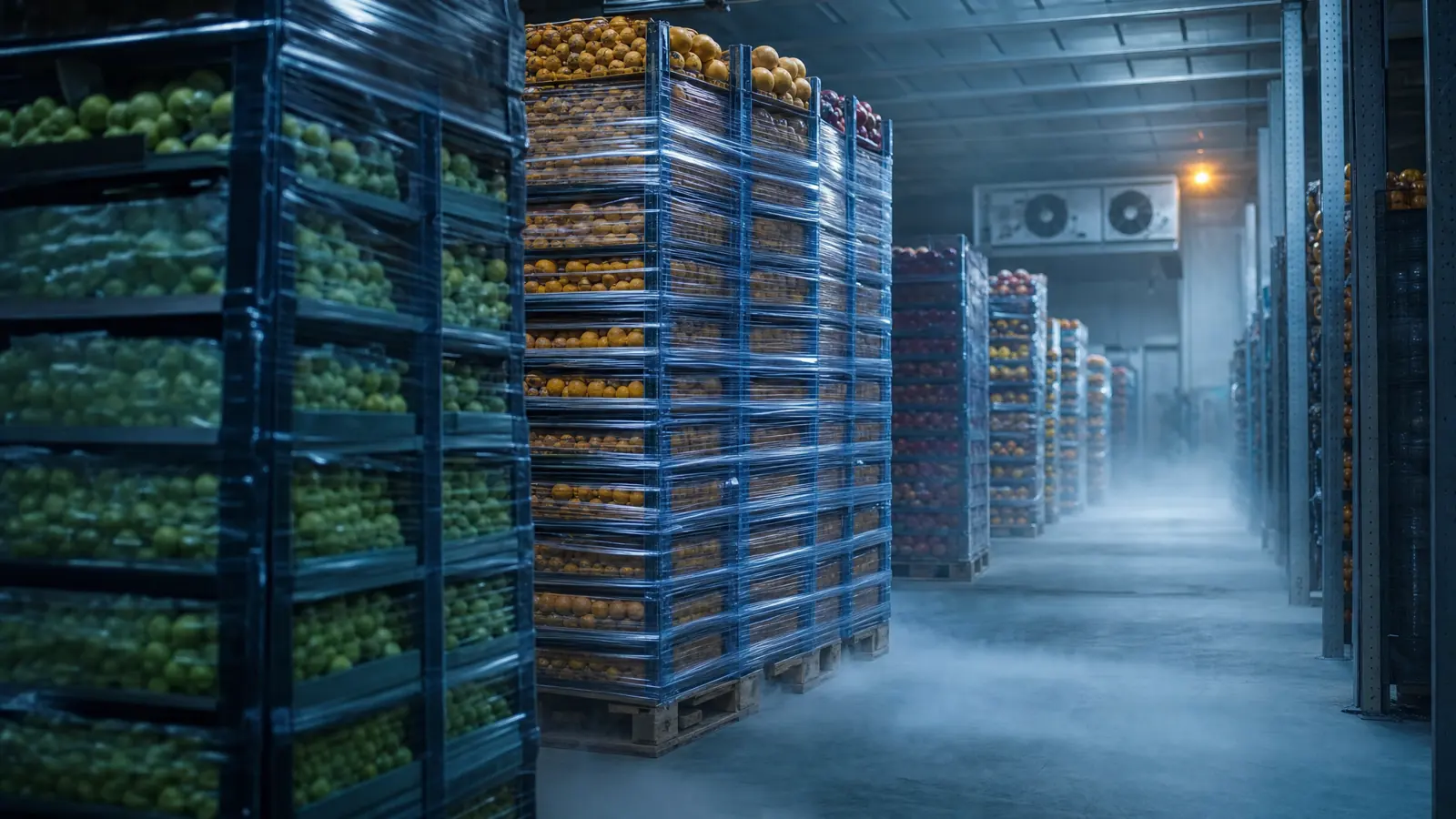Pallets of fruit stacked in a cold room