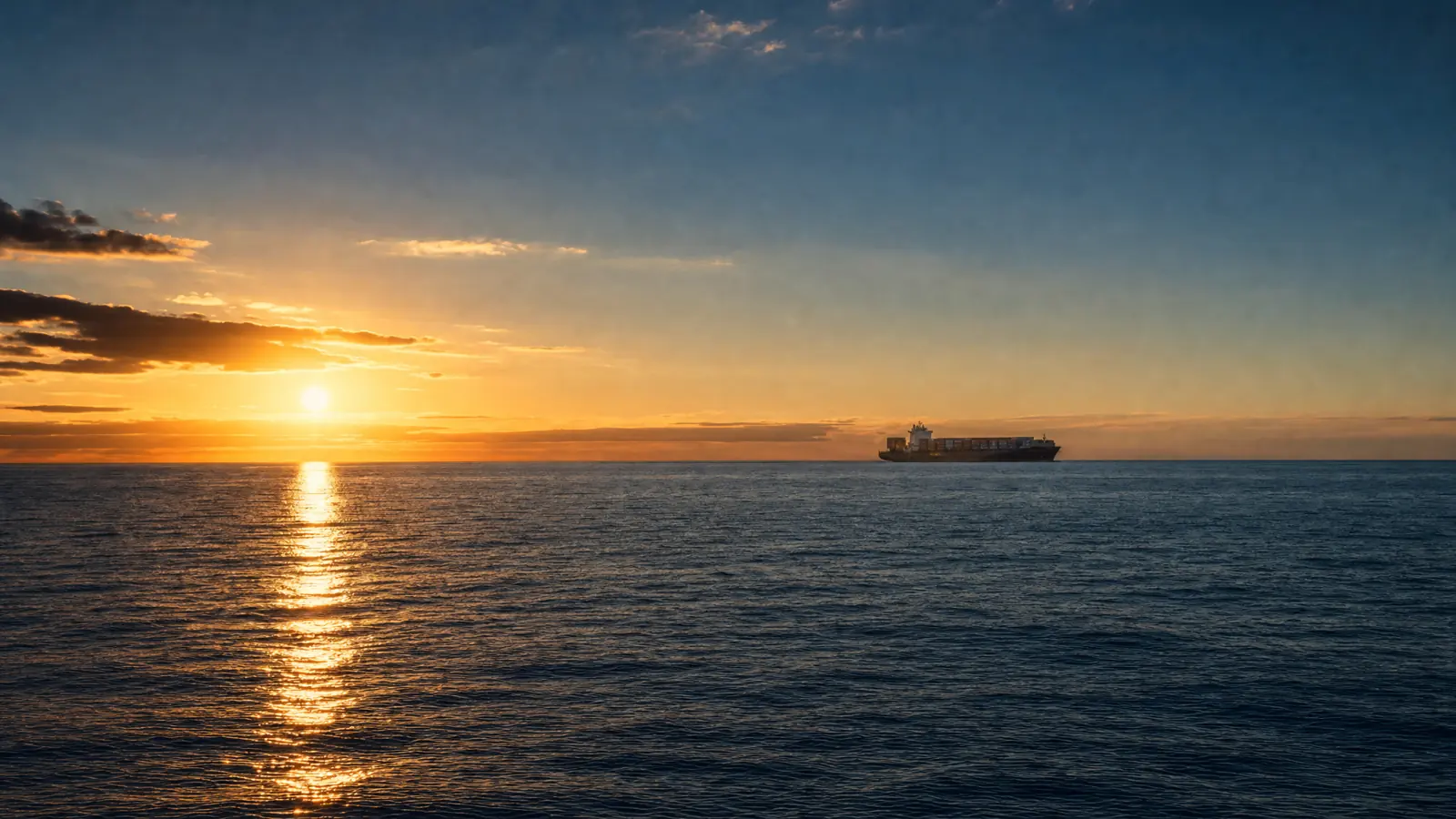 A container ship on the horizon at golden hour