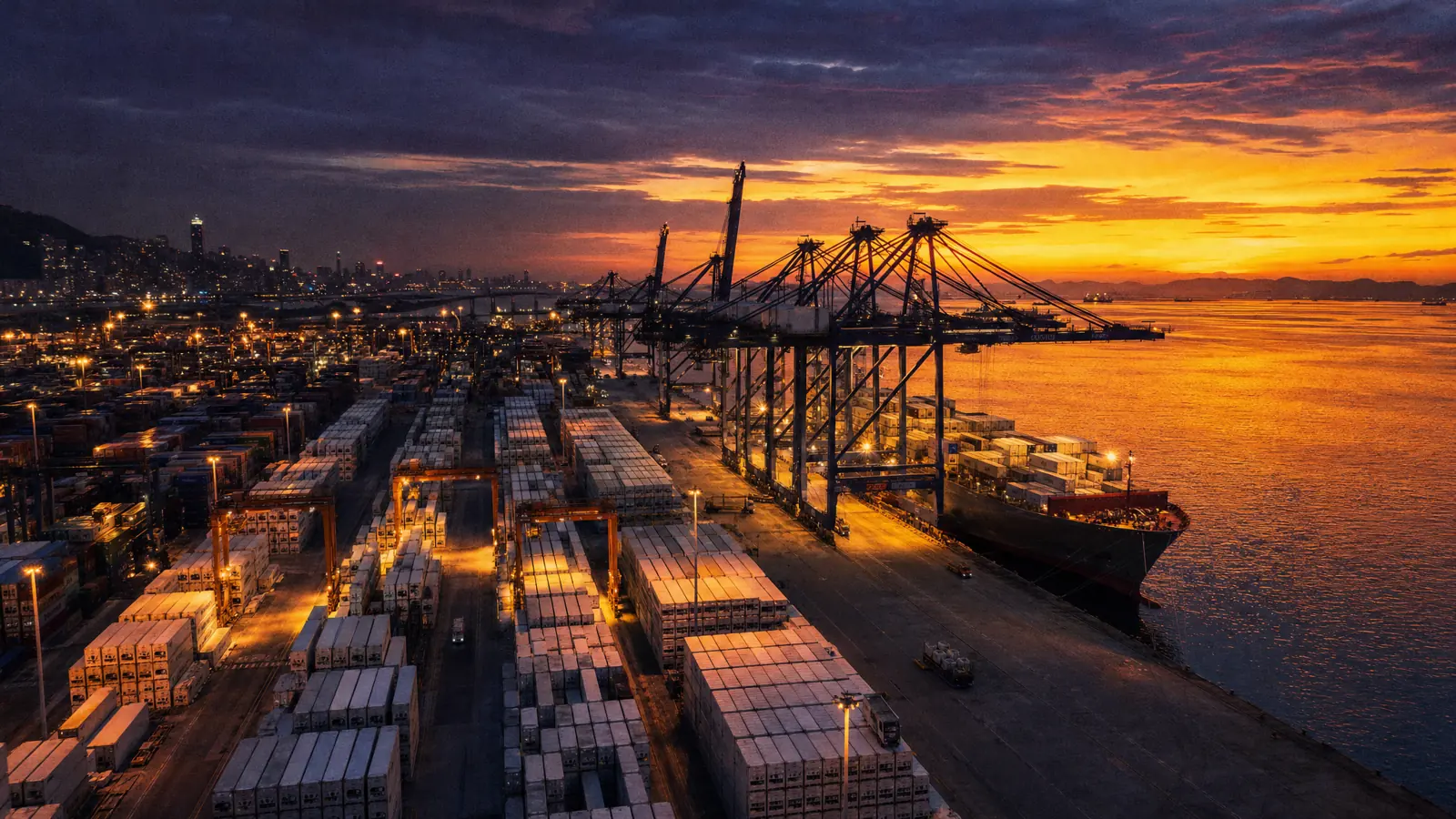 A container port at dusk