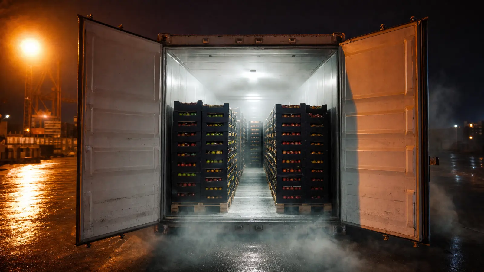 Cold mist rolling out of an open refrigerated container