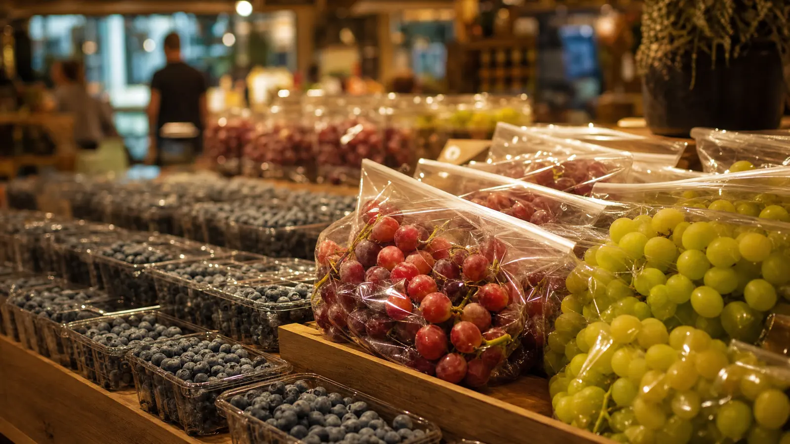 A supermarket fresh-fruit display